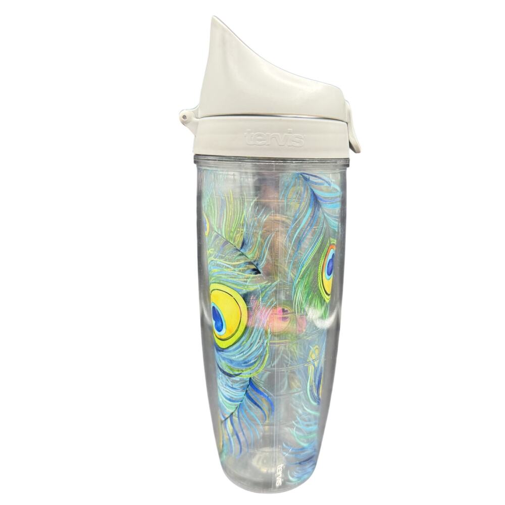 🥤 Tervis Peacock Feathers Wrap Turquoise Tumbler No Spill Travel Cup Lid